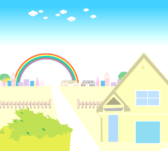 Rainbow above town. Free illustration for personal and commercial use.