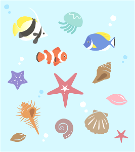 Seashells and fishes. Free illustration for personal and commercial use.
