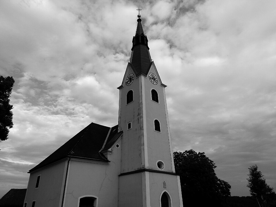 Catholic clock tower black and white