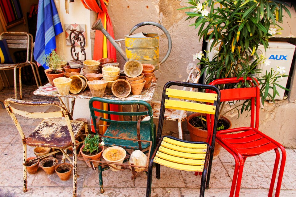 Chairs planters flowers