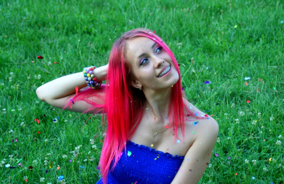 Pink hair confetti smile