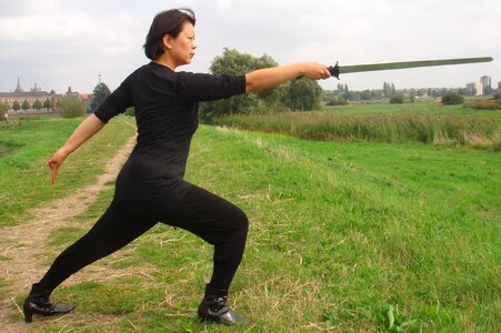Shaolin kung fu swordplay pose