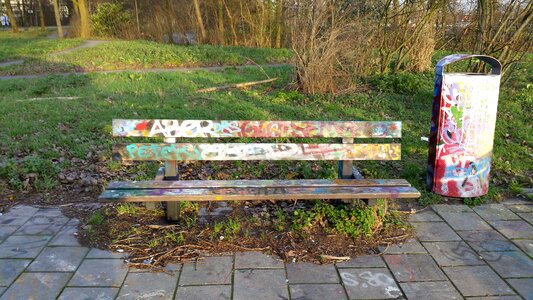 Prague graffiti wooden bench photo