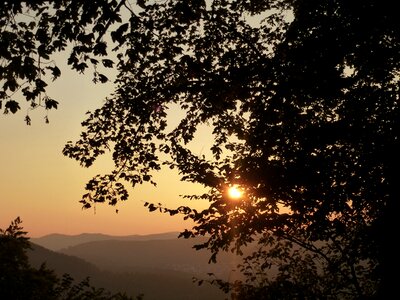 Mountains sun trees photo