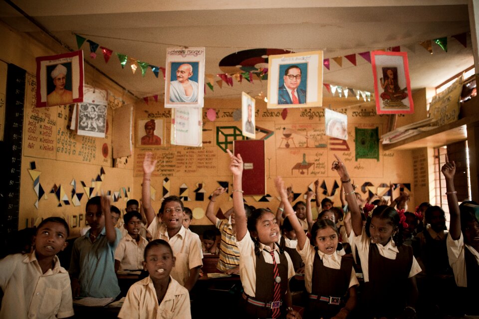 Enthusiastic children brown school