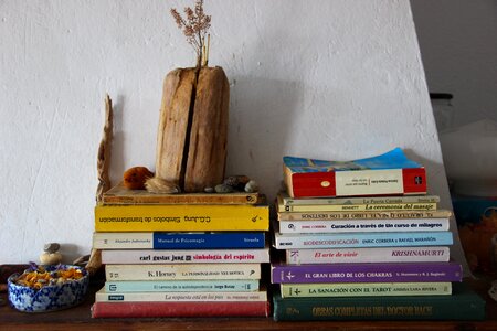 Stack of books bookshelf mantelpiece photo