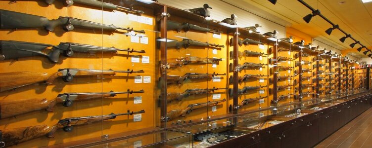 Weapons stand with arms weapon shop