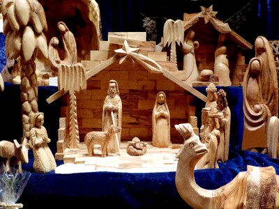 Wood carving nativity scene night photograph