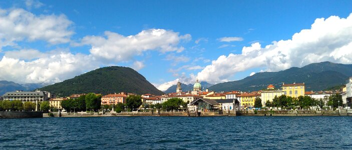 Town shoreline mountains