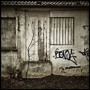 Black and white photo door building