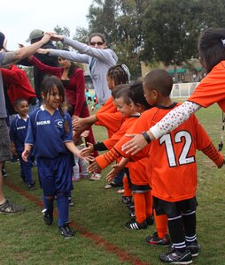 Smile handshakes competing teams