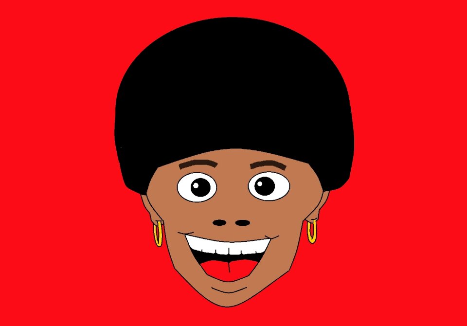Black hair red background jovial
