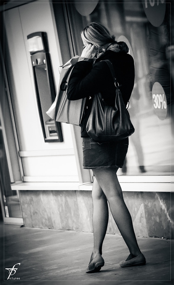 Downtown black and white telephoning