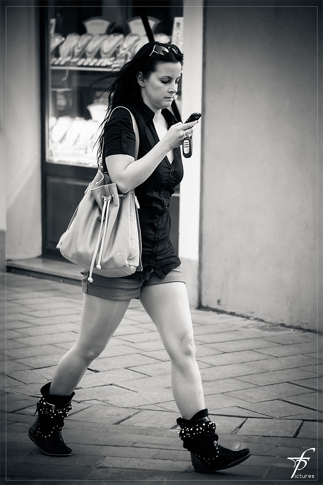 Downtown black and white telephoning