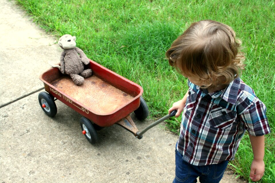 Stuffed monkey radio flyer wagon