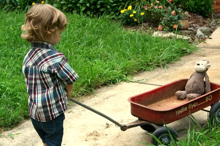 Stuffed monkey radio flyer wagon