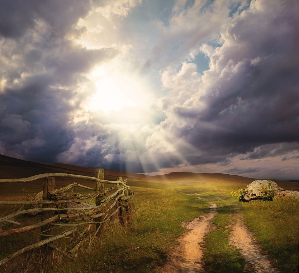 Fields road clouds
