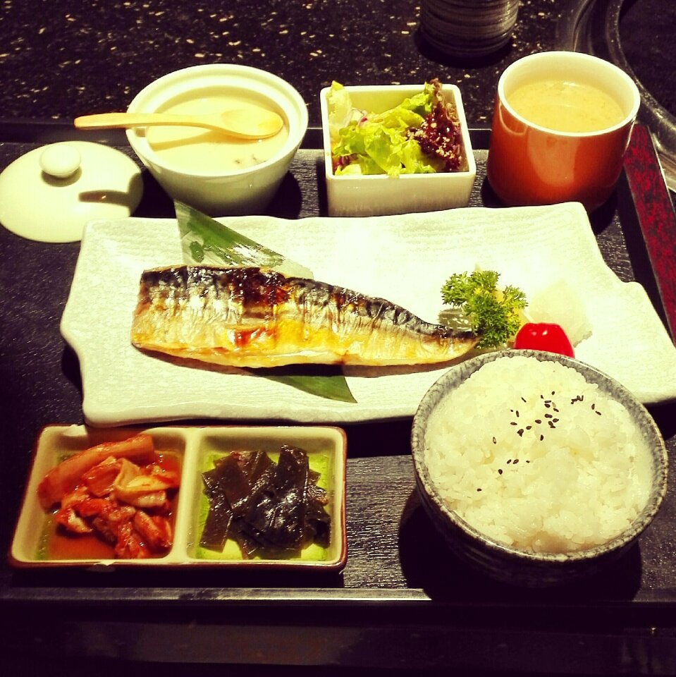 Blue-and-white fish set meal japanese cuisine