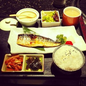 Blue-and-white fish set meal japanese cuisine