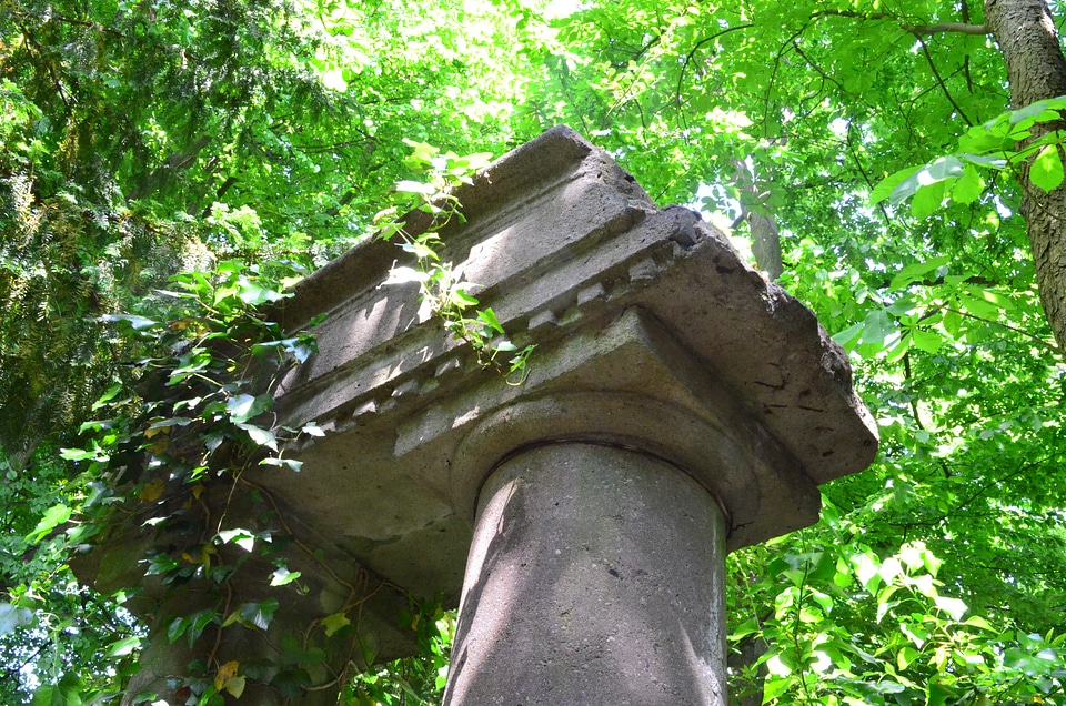 Stone sculptures overgrown green