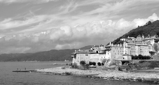 Church black and white aegean sea photo