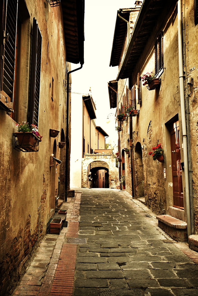 Old cobblestone street architecture building