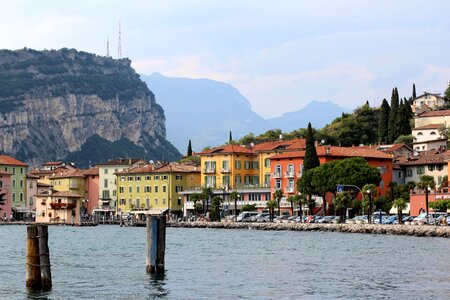 Mountains boats bank photo