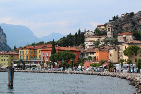 Mountains boats bank photo