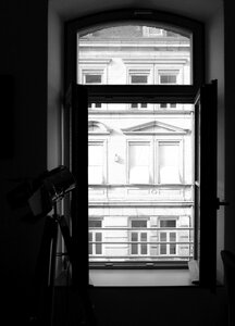 Window floor lamp black and white photo