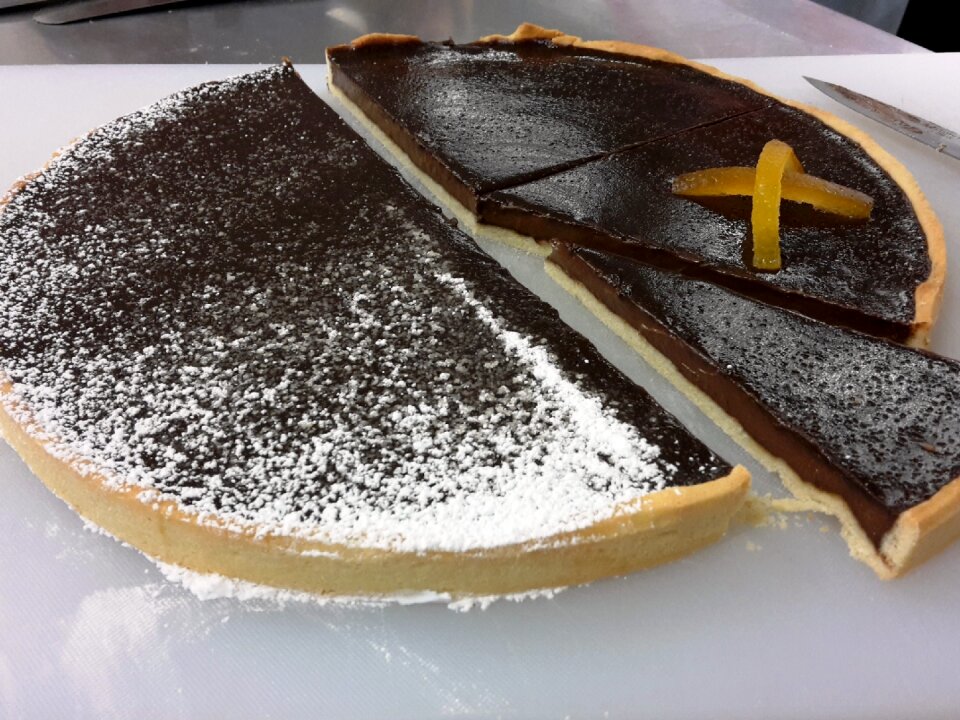 Chocolate pie orange cutting pie