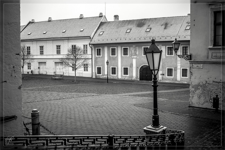 Black and white town architecture