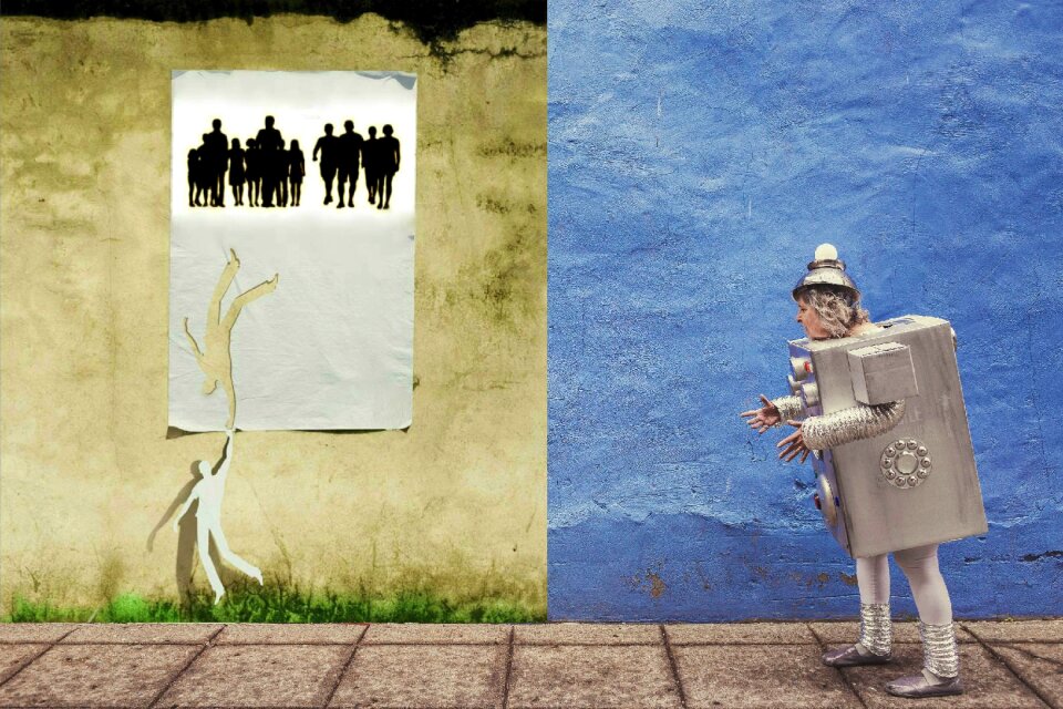 Gray-blue poster with paper people lonely robot
