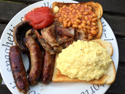 Sausage baked beans scrambled eggs photo