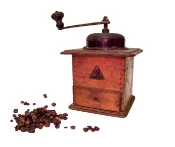 Wooden kitchen old coffee grinder photo
