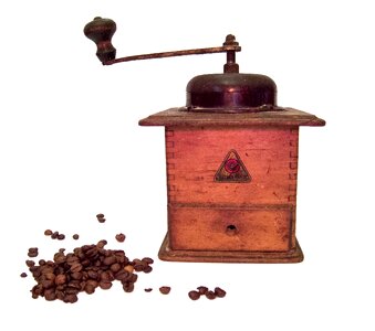 Wooden kitchen old coffee grinder photo