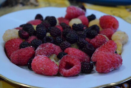 Ripe raspberry black berries plate photo