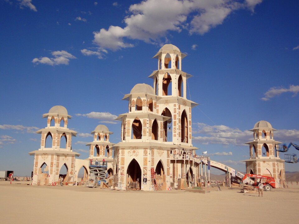Burning man temple blue sky