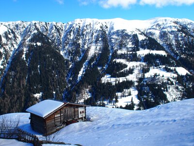 Snow wintry hut photo