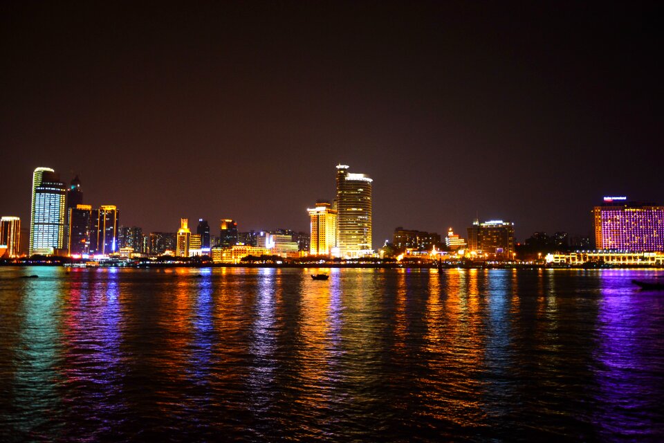 Night view reflection tall buildings