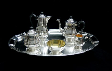 Sterling silver tea sets black tea black table photo