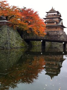 Autumnal leaves castle gate water