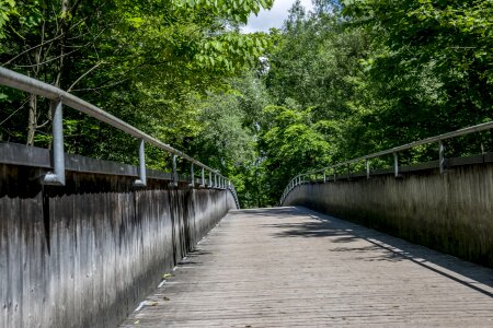 Wooden bridge railing transition photo