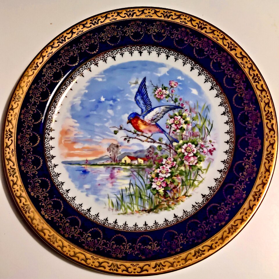 French porcelain factory rand in cobalt blue and gold landscape with lake