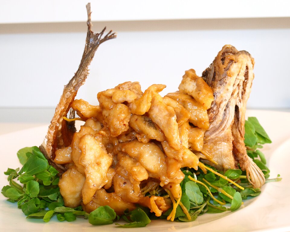 Crispy noodles mustard cream sauce