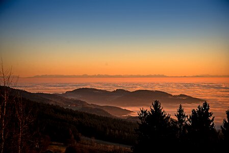 Sunset mountains fog