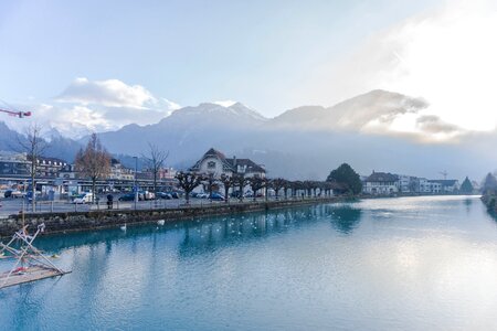 Switzerland snow mountain lake photo