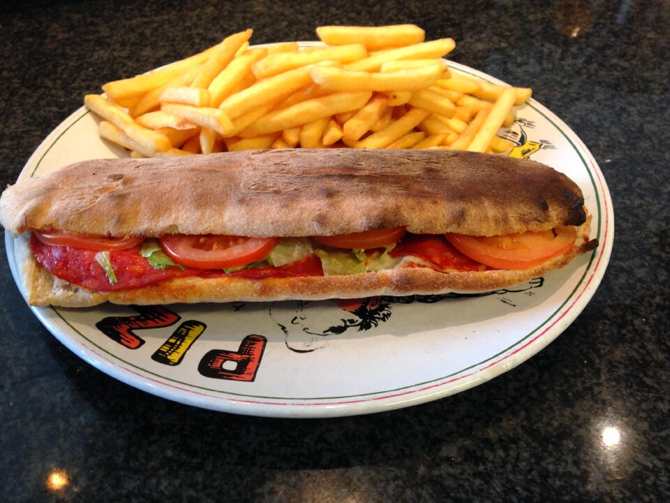 Sandwich french fries pizza