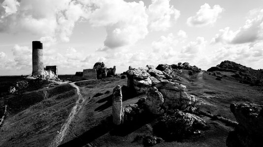 The ruins of the castle hill black and white