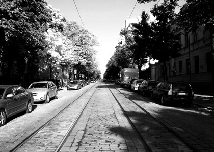 Boulevard black and white road photo