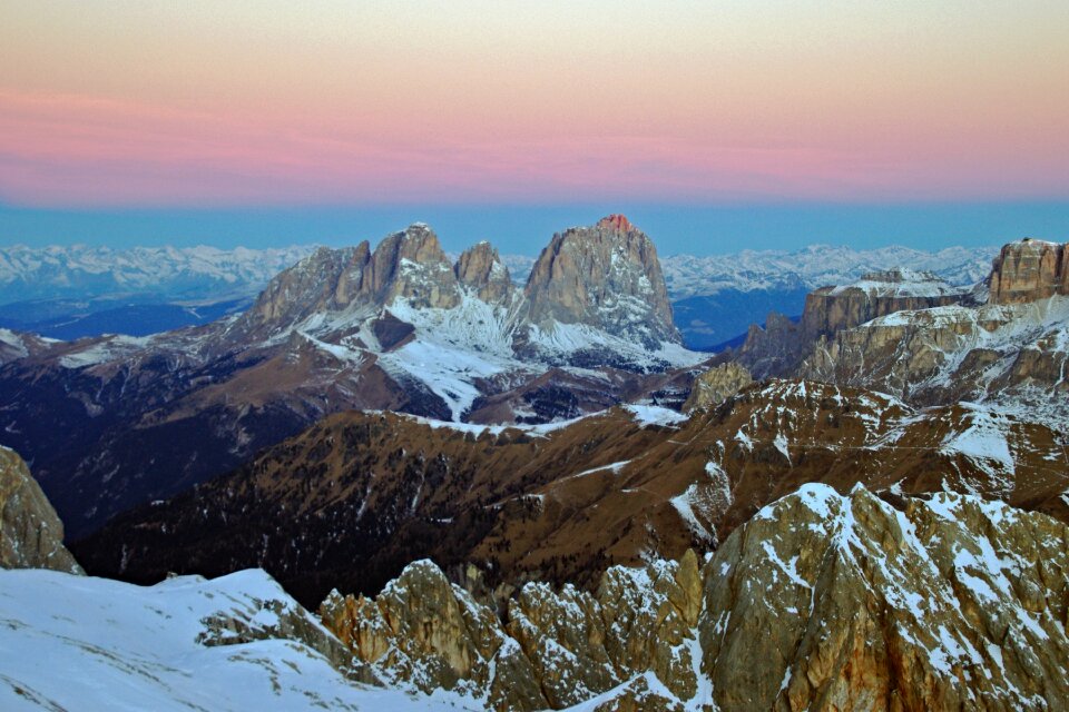 Massif of the saddle val gardena aurora from marmolada